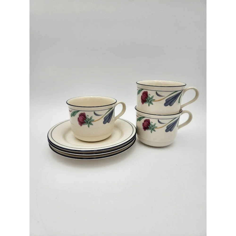 3 sets Lenox chinastone Poppies on Blue cups‎ & saucers 6 pieces stackable